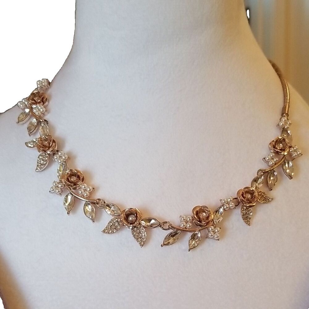 Charming Charlie Gold Floral Statement Necklace Boho Rose Leaf Bib Costume Jewel